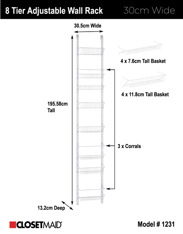 Wall Rack Adjustable 1231 - Adjustable 8 Tier Wall Rack 12inch Wide